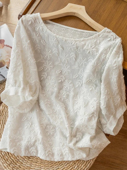 Embroidered Round Neck Half Sleeve Casual Linen Tee Top