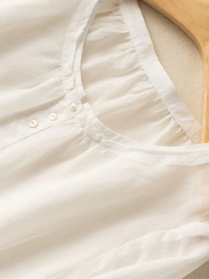 Pure Color Crew Neck Long Sleeve Casual Linen Top