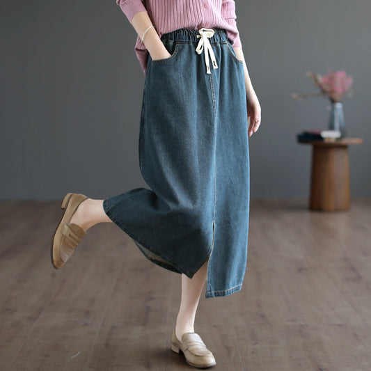 Literary All-Match Slit Denim Skirt