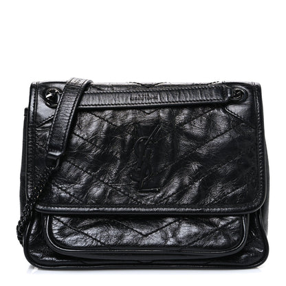 Crinkled Calfskin Matelasse Monogram Baby Niki Chain Satchel Black