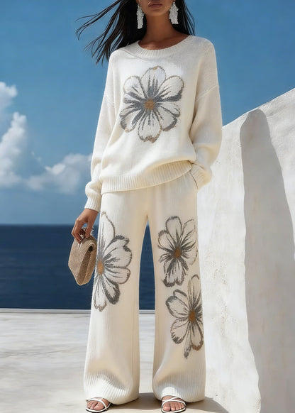 White Floral Cozy Knit Two Piece Suit Set O-Neck Spring