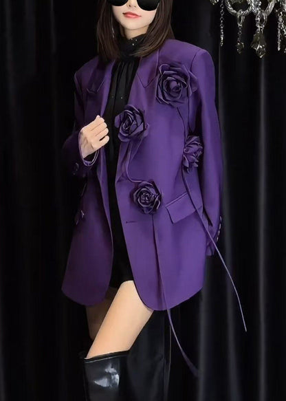 Floral Purple Peter Pan Collar Button Spandex Coats Spring
