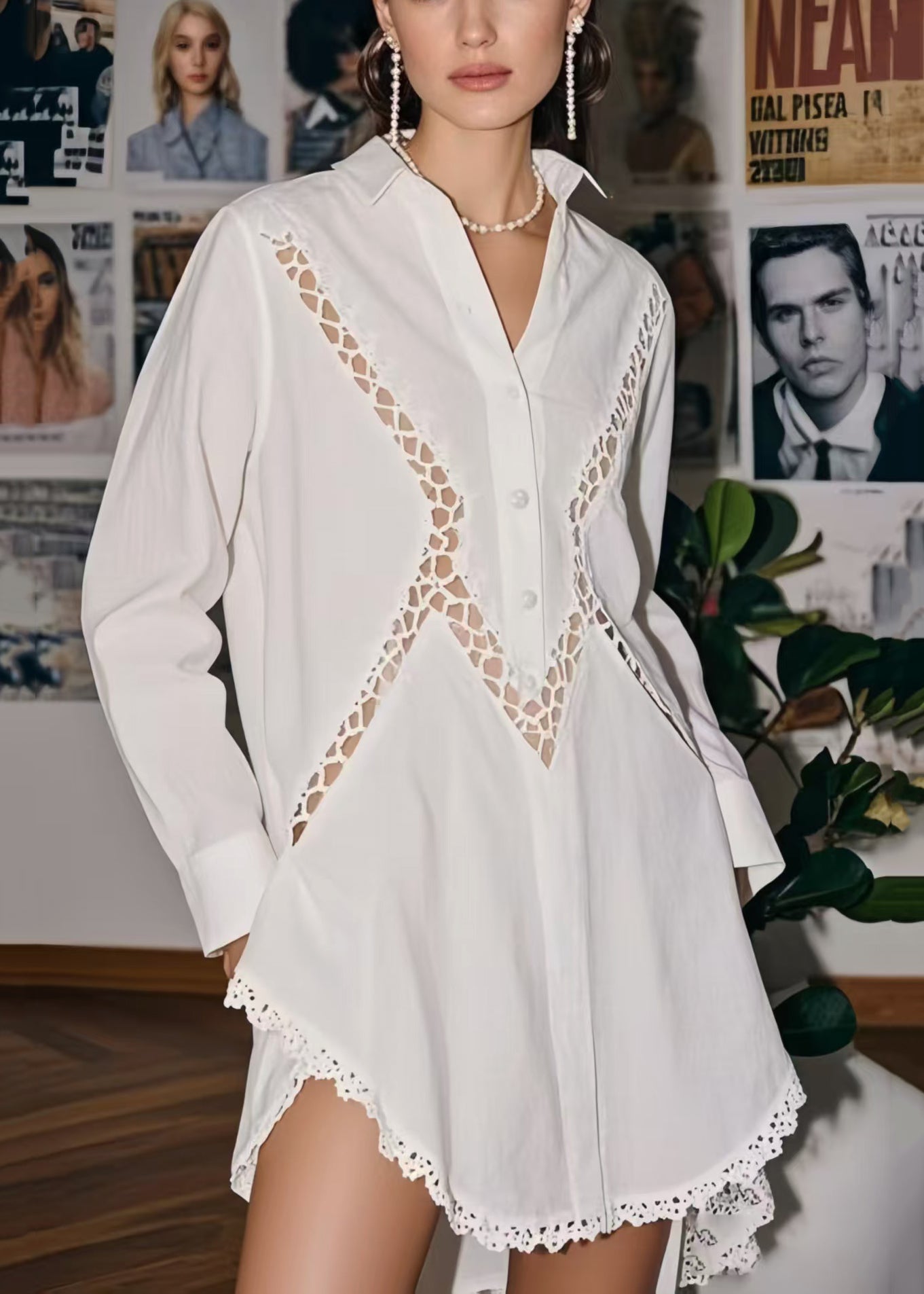 Boho White Hollow Out Patchwork Lace Long Blouses Spring