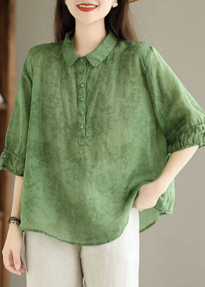 Vintage Navy Peter Pan Collar Print Cotton Shirt Top Summer