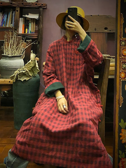 Women Stand Collar Button Cotton Robe Dress
