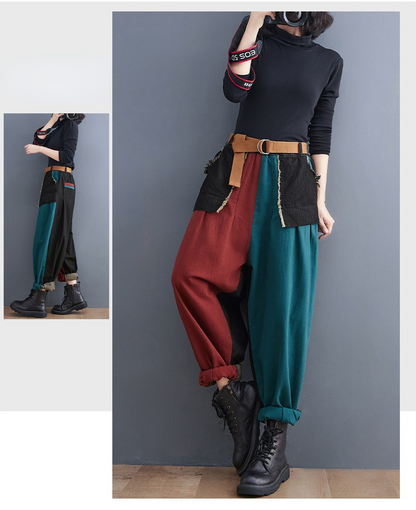 New Literary Plus Size Stitching Denim Harem Pants
