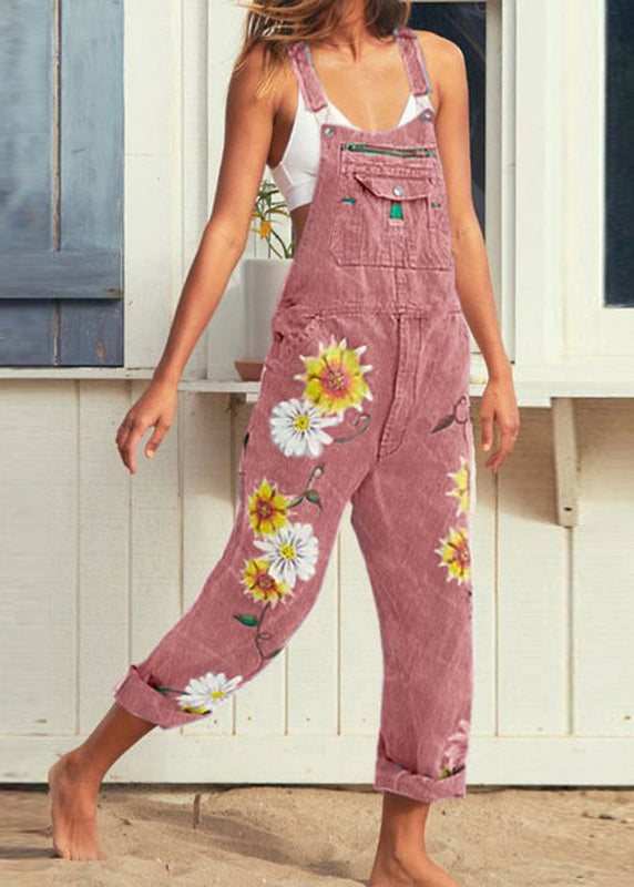 Casual Light Blue Print Pockets High Waist Denim Jumpsuits Sleeveless
