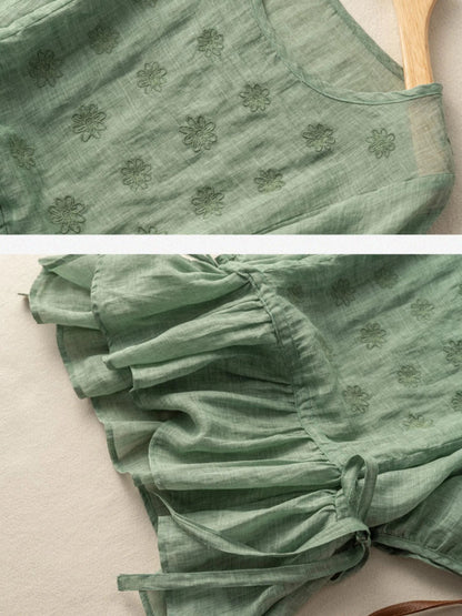 Embroidered Crew Neck Half Sleeve Casual Linen Top