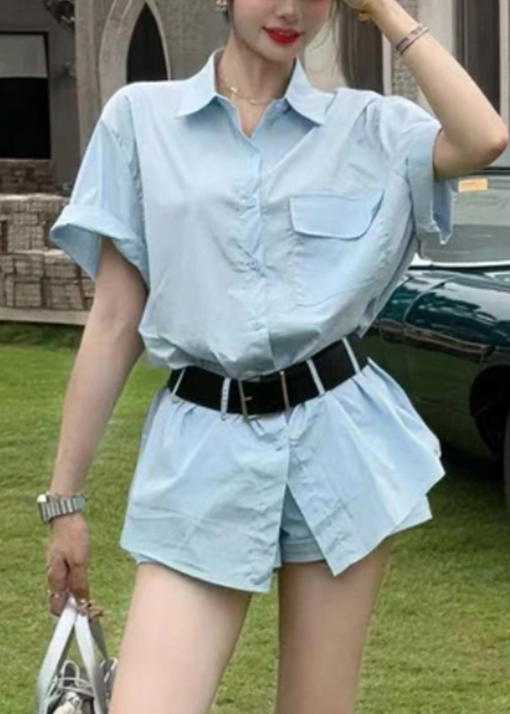 New Blue Button Shirts And Shorts Cotton Two Piece Set Summer