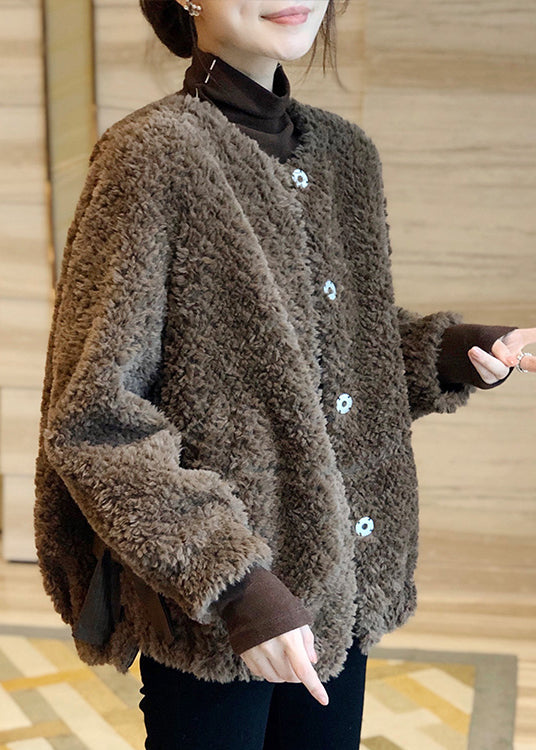 Vogue Coffee O-Neck Button Thick Faux Fur Coat Fall