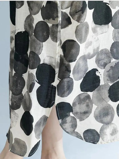 Women black dotted Cotton quilting clothes turn-down collar sleeveless Dresses