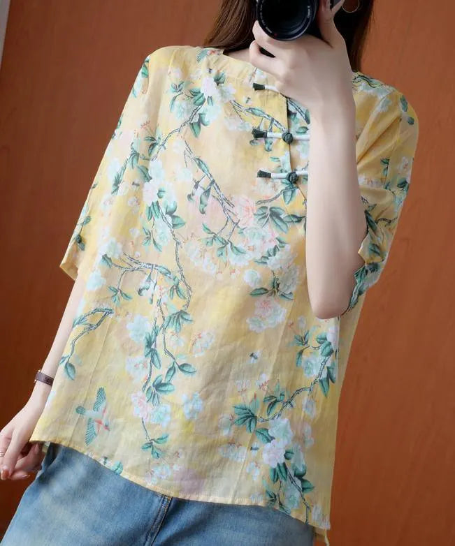 Natural yellow print tunic top o neck half sleeve Midi summer shirts