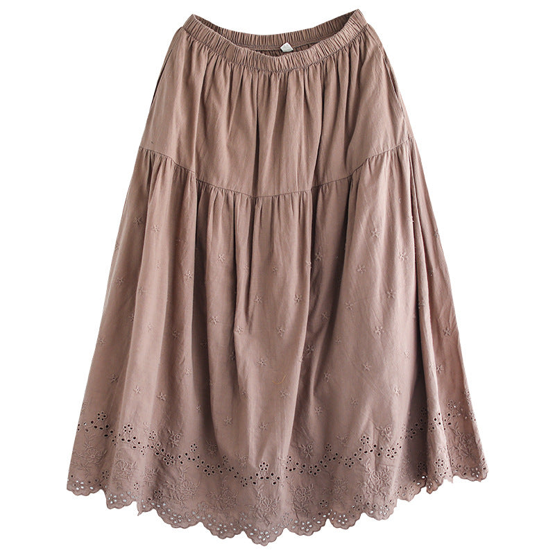 Cozy Retro Linen Loose Hollow Pleated Skirt