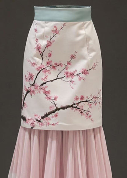 Fashion Pink Print False Two Pieces Chiffon Patchwork Skirts Summer