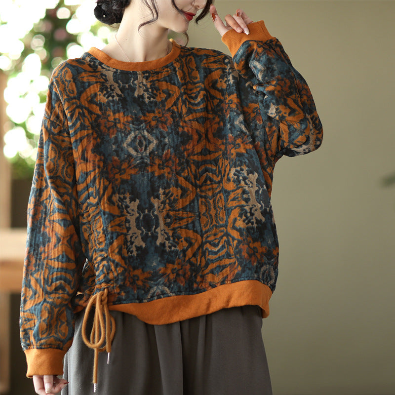 Large Size Slim Round Neck Printed Retro Casual Loose Sweater