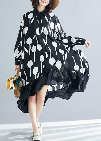 Style low high design cotton dress Work Outfits black prints shirt Dresses summer