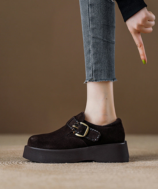Caramel Suede Platform Flat Shoes For Women Splicing Buckle Strap