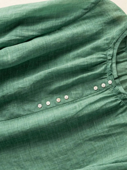 Pure Color Crew Neck Long Sleeve Casual Linen Top