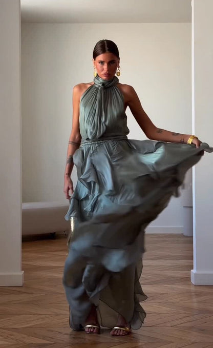 Dusty Green Halter Neck Tie Ruffle Tiered Maxi Dress | Luxury Elegant Drape Evening Gown
