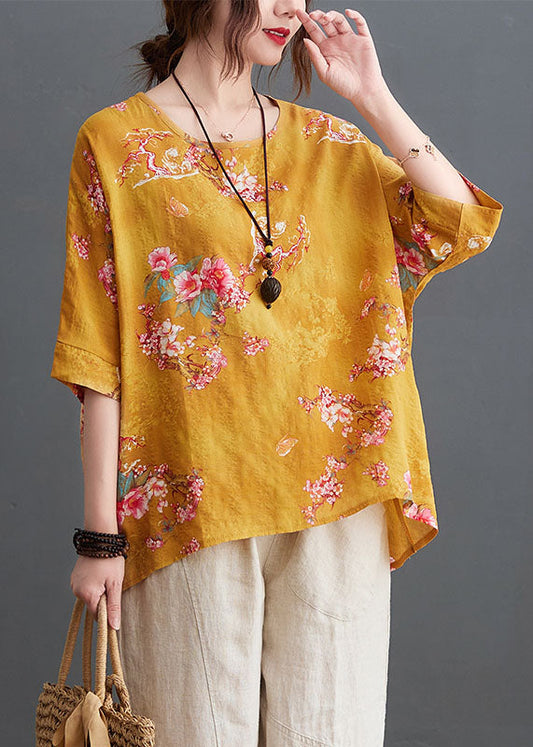 Plus Size Yellow O-Neck Floral Print Linen Tank Tops Half Sleeve