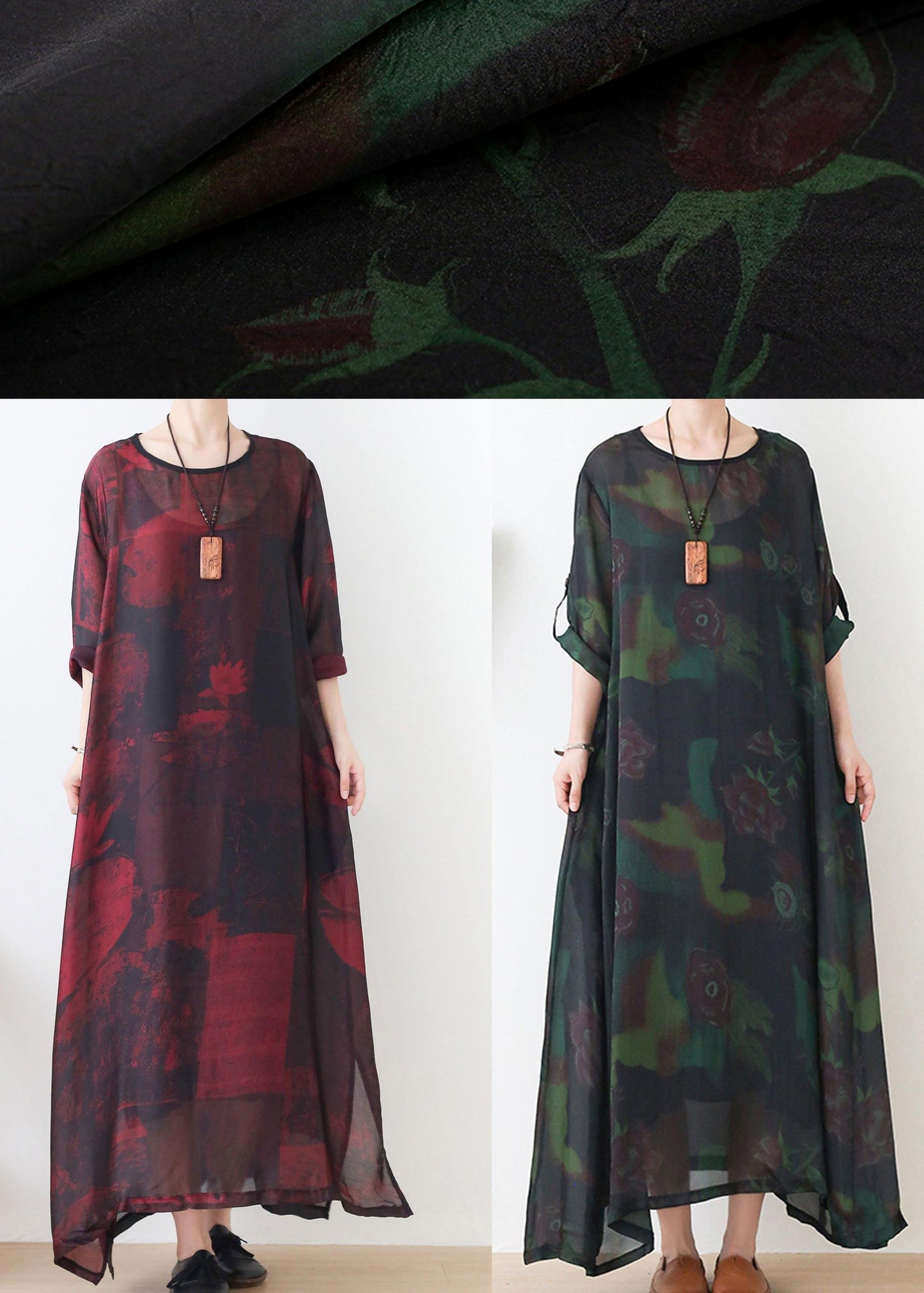 Natural Red Print Chiffon O-Neck Summer Dresses
