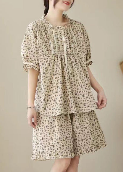 Art Apricot Ruffled Print Cotton Pajama Sets Summer
