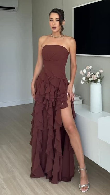 Sexy Strapless Ruffled High-Slit Floor-Length Maxi Dress