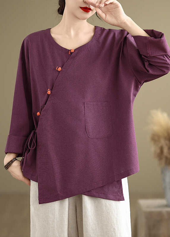 Vintage Purple Oversized Tie Waist Linen Shirts Spring