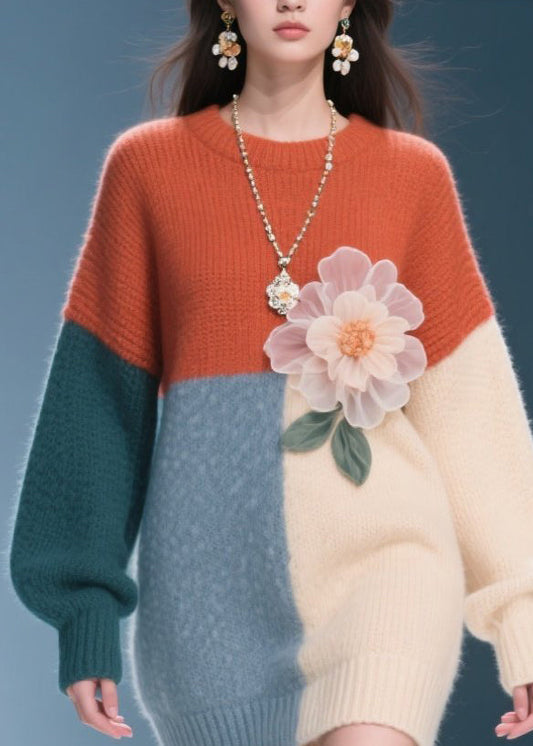 Classy Colorblock O Neck Floral Plus Size Knit Dress Fall