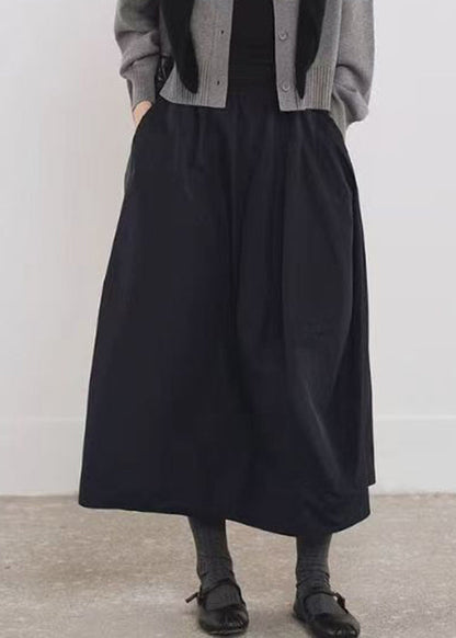 Simple Black Pockets Elastic Waist Cotton A Line Skirts Fall
