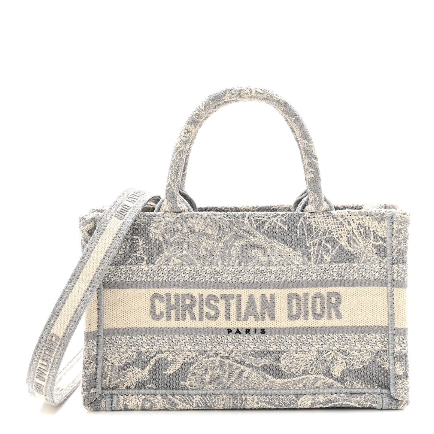 Canvas Embroidered Toile De Jouy Reverse Mini Book Tote With Strap Grey