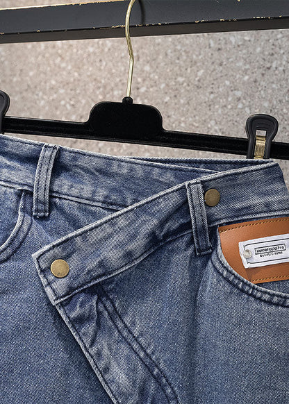 Style Denim Light Blue High Waist Side Open Button Asymmetrical Pockets Cotton A Line Skirts Cozy