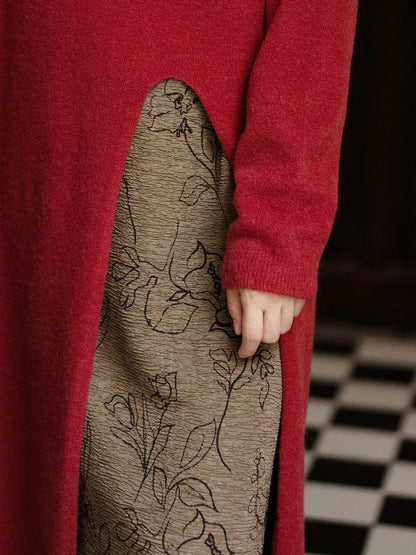 Women Winter Artsy Split Hem Solid Long Sweater Dress