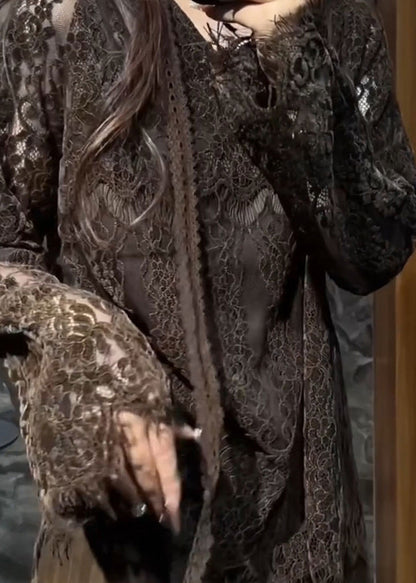 Fine Chocolate V Neck  Hollow Out Lace Shirt Top Flare Sleeve