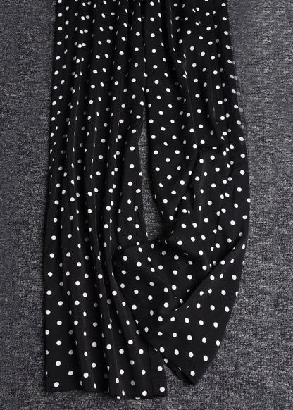 Casual Black Print Elastic Waist Draping Chiffon Wide Leg Pants Summer