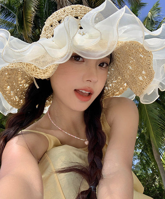 2025 Summer New Nail Bead Organza Large Brimmed Sun Hat