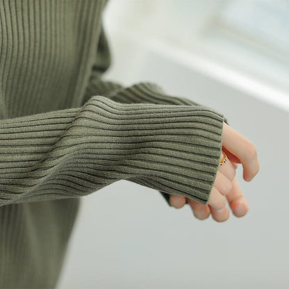 Women Solid Stripe Knitted Turtleneck Winter Sweater