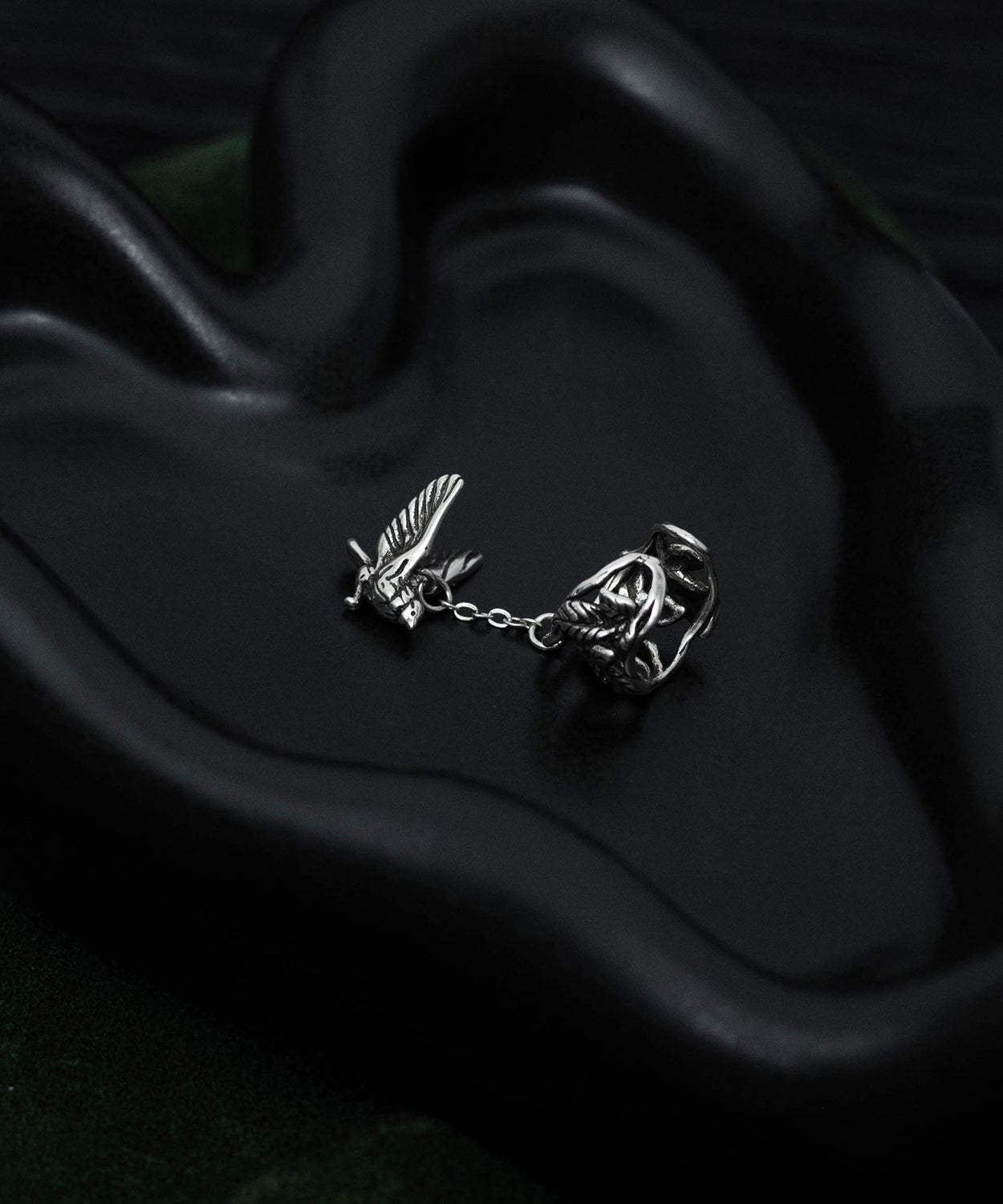 Vintage Silk Sterling Silver Floral Leaf Flying Bird Tassel Drop Earrings