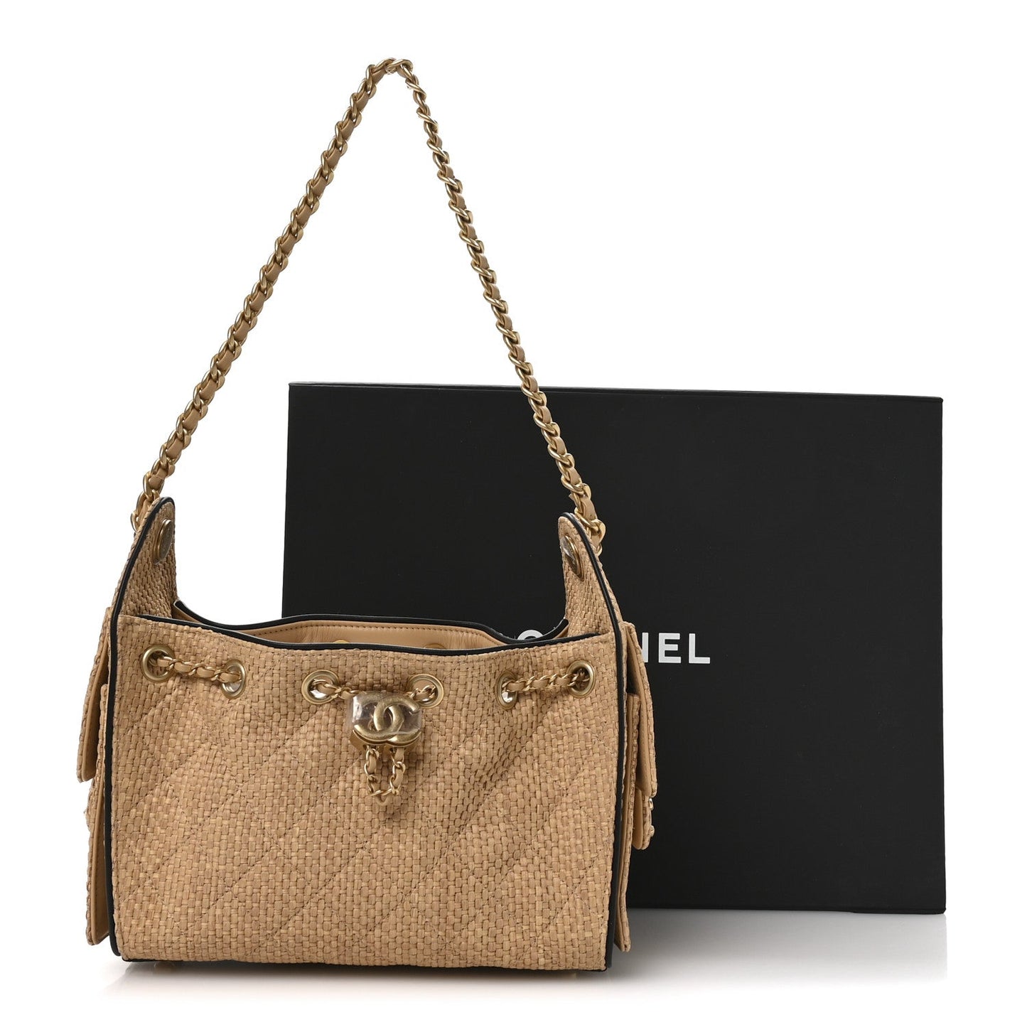 Braided Raffia Calfskin Quilted Mini Chanel 25 Handbag Beige Black
