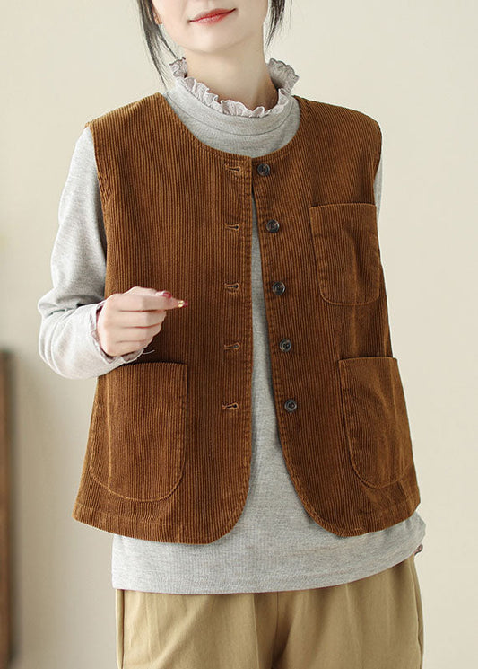 Vintage Caramel O Neck Pockets Corduroy Vest Sleeveless