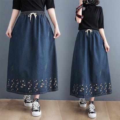 Retro Floral Embroidery Loose Denim Skirt