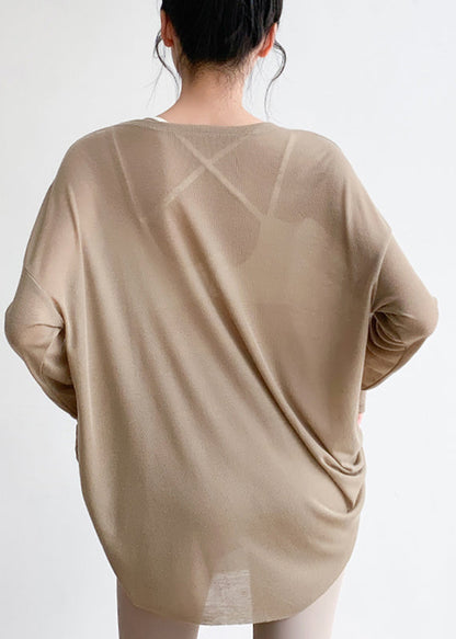 Loose Khaki O-Neck Thin Yoga Smock Top