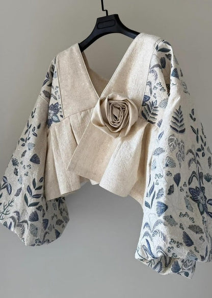 Original Design Beige V Neck Floral Patchwork Cotton Coats Lantern Sleeve