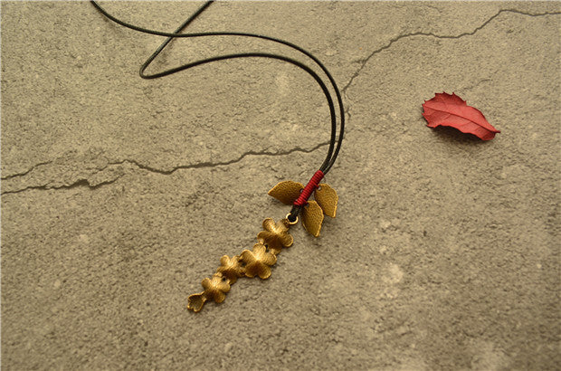 Cotton Linen Bronze Plum Blossom Leaves Literary Long Necklace