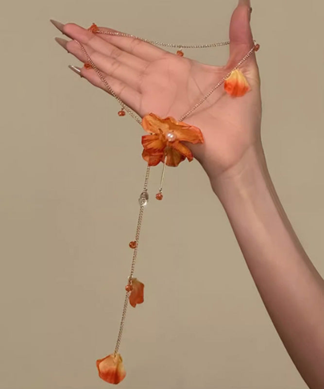 Beach Orange Alloy Floral Tassel Pendant Necklace