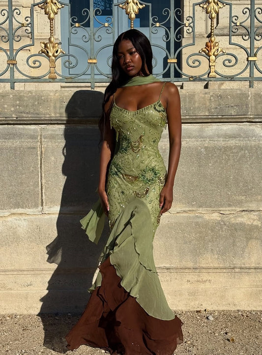 Sexy Sequined Suspender Wooden Ear Stitching Dress
