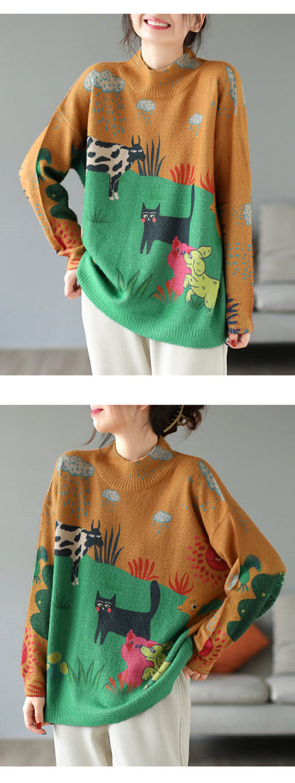 Artistic Retro Half Turtleneck Faux Mink Knitted Sweater