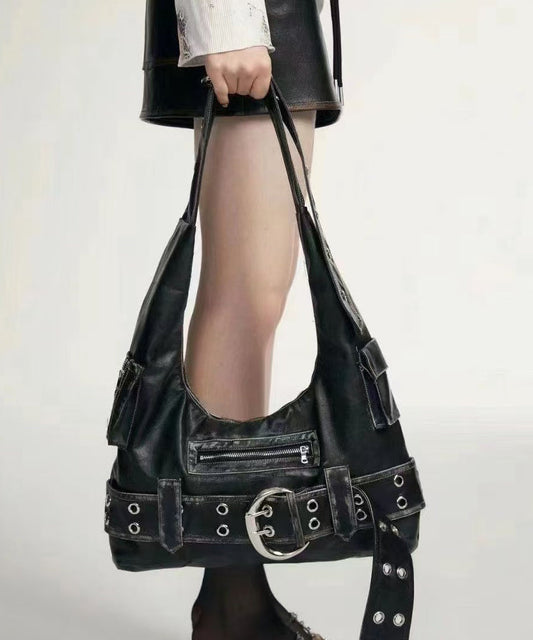 Stylish Black Zippered Solid Durable Faux Leather Shoulder Bags