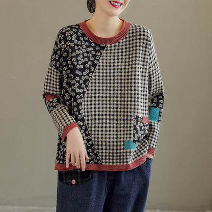Women Retro Floral Plaid Knitted Sweater