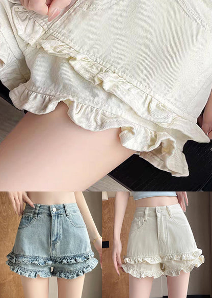 Blue Pockets High Waist Summer Denim Shorts Ruffled